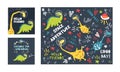 A series of postcards with cute dinosaurs, giraffes and inscriptions. Hand-drawn vector cartoons in the style of the space Royalty Free Stock Photo